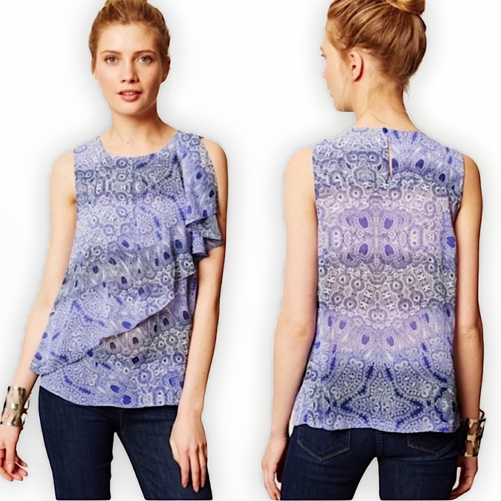 ANTHROPOLOGIE HD in Paris blue sleeveless ruffle tiered paisley top 2 like new
